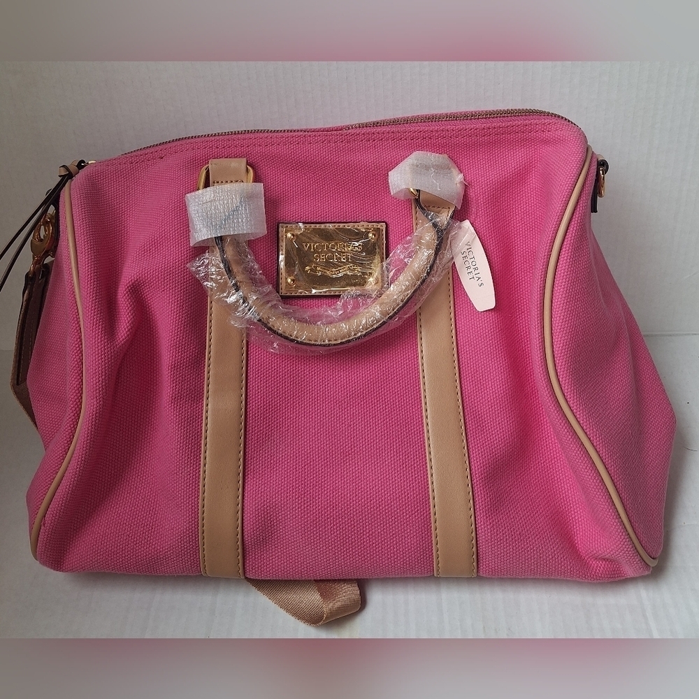 NWT Victoria Secret Pink Tan Large Canvas Tote Duffle Zip 15x7.5x11"